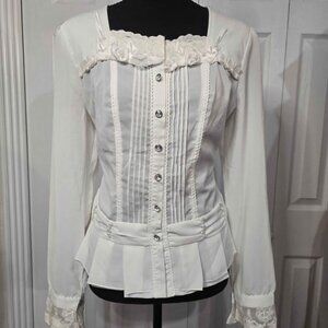 White Vintage Edwardian Style Long Sleeve Blouse Button Up Lace Sequin Floral